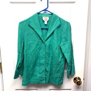 Talbots Blouse Green Irish Linen Button Up V Neck, 3/4 Sleeve, Vintage, Size 8